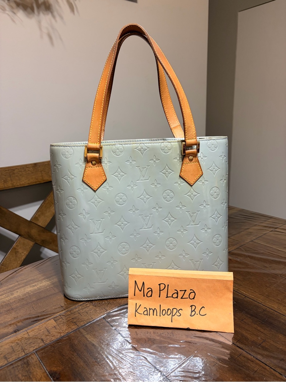Louis Vuitton light Blue  Vernis Leather Tote with Tan Handles